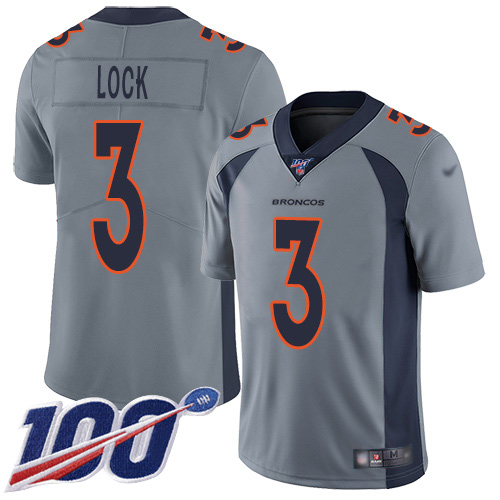 Denver Broncos Limited Youth Silver Drew Lock 100th Season Jersey 3 Inverted Legend NFL Football Nike